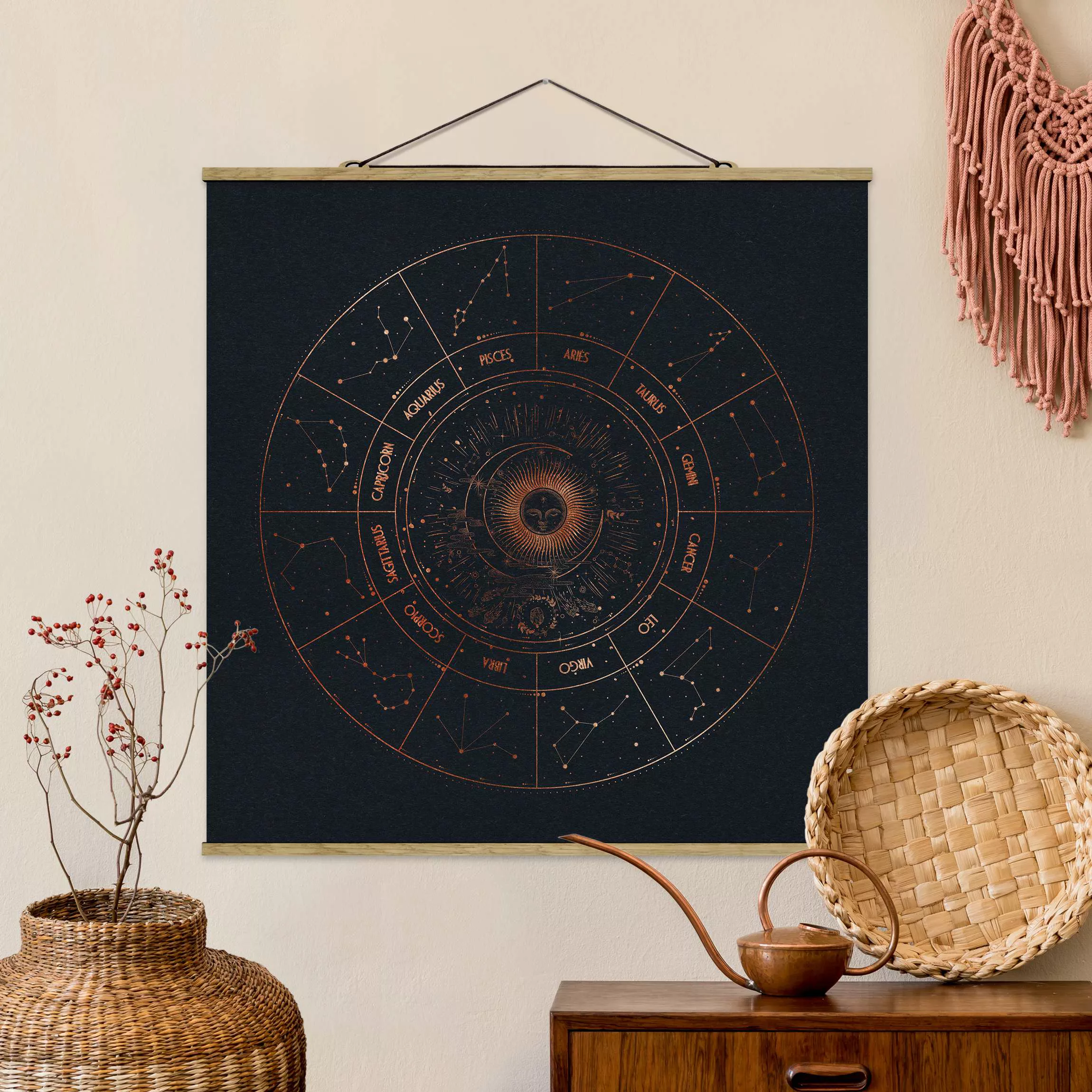 Stoffbild Karten mit Posterleisten - Quadrat Astrologie Die 12 Sternzeichen günstig online kaufen