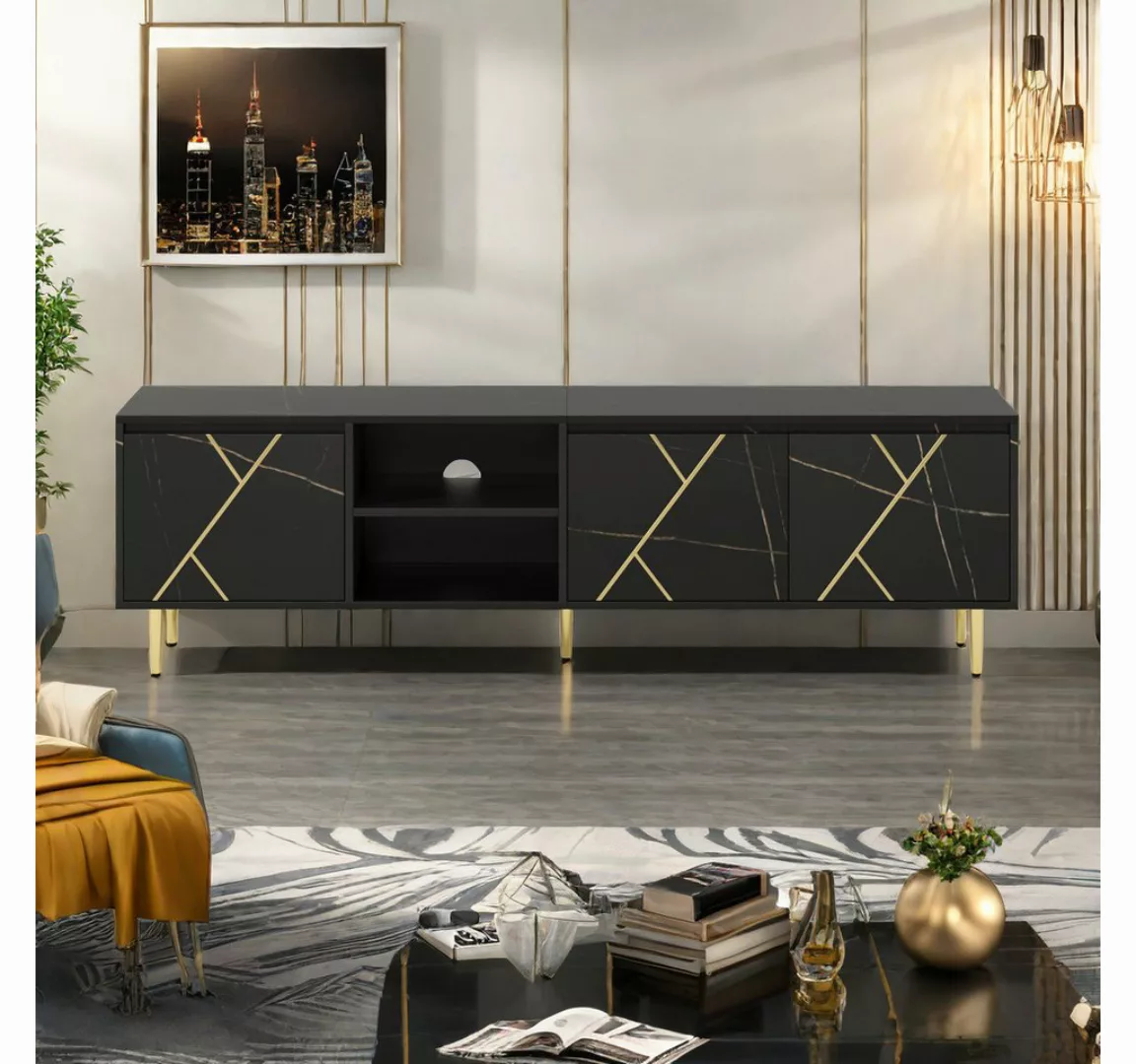 YNOFIT TV-Schrank Moderner TV bank in Schwarz und Gold, 3 Türen, für 90“ TV günstig online kaufen