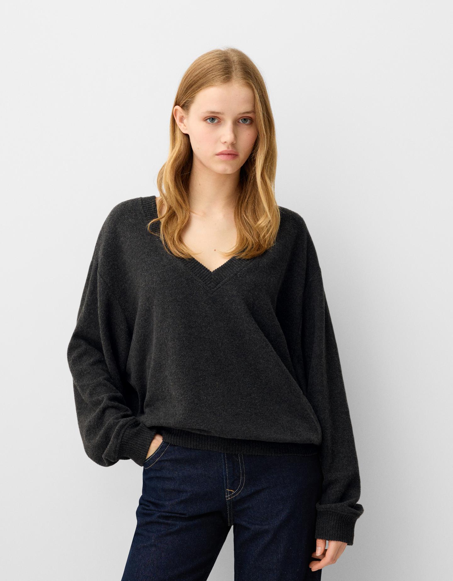 Bershka Oversize-Pullover Mit V-Ausschnitt Damen Xs Dunkelgrau günstig online kaufen