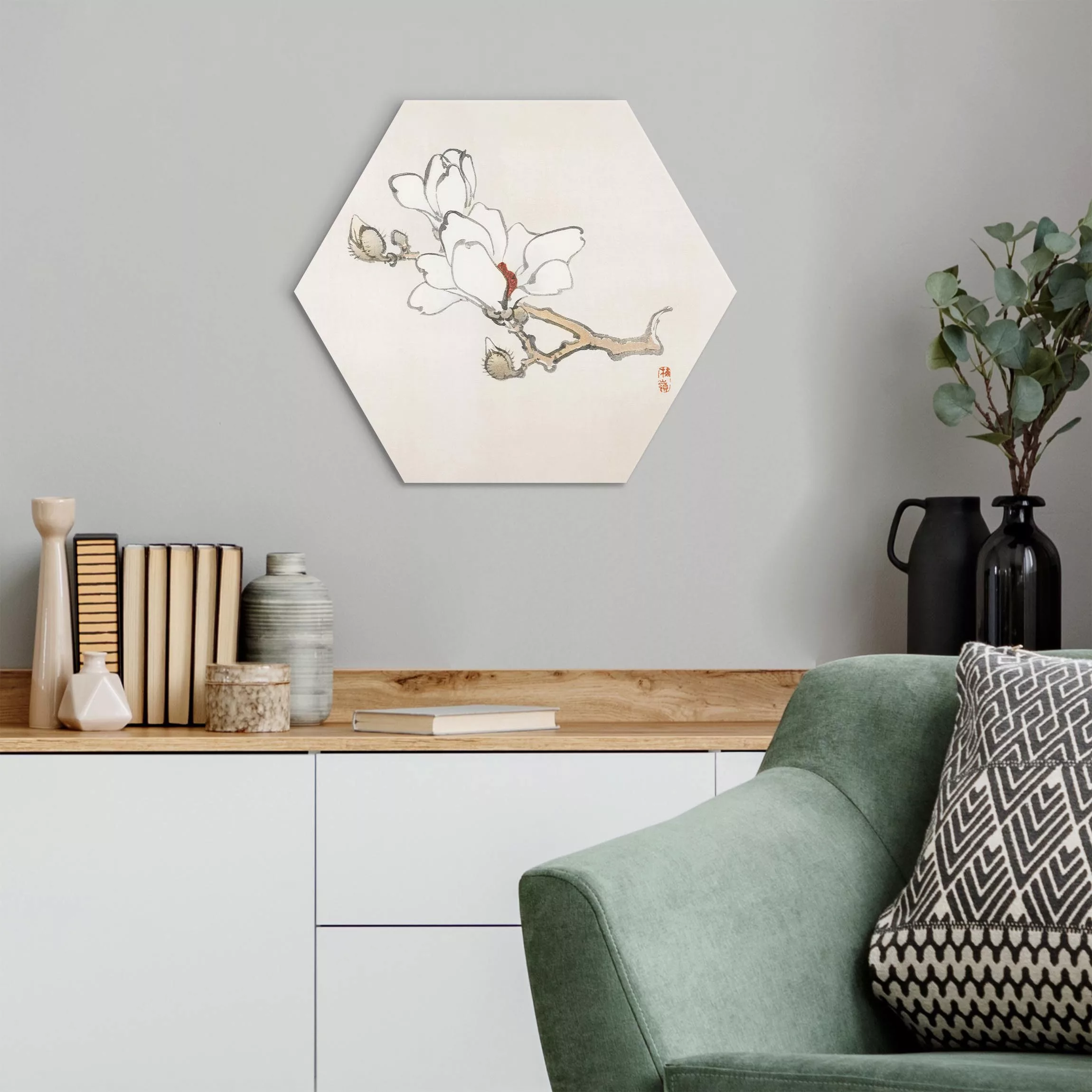 Hexagon-Alu-Dibond Bild Asiatische Vintage Zeichnung Weiße Magnolie günstig online kaufen