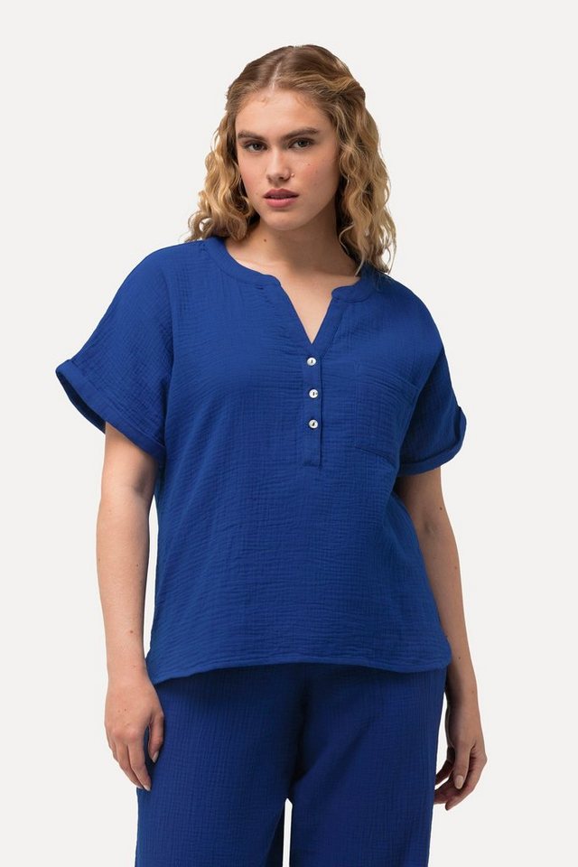 Ulla Popken Druckbluse Musselin-Bluse Oversized Tunika-Ausschnitt Halbarm günstig online kaufen