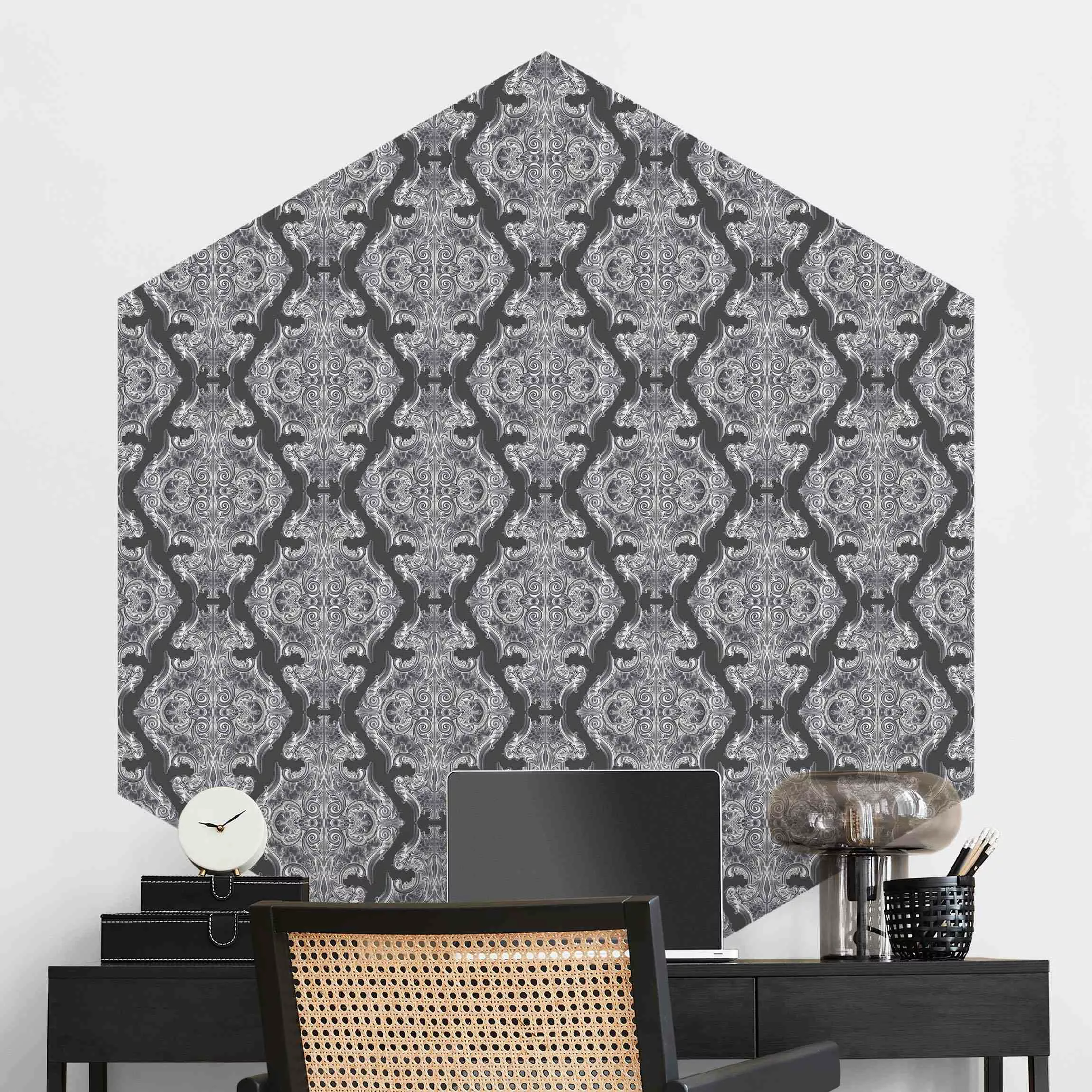 Hexagon Mustertapete selbstklebend Aquarell Barock Muster vor Dunkelgrau günstig online kaufen