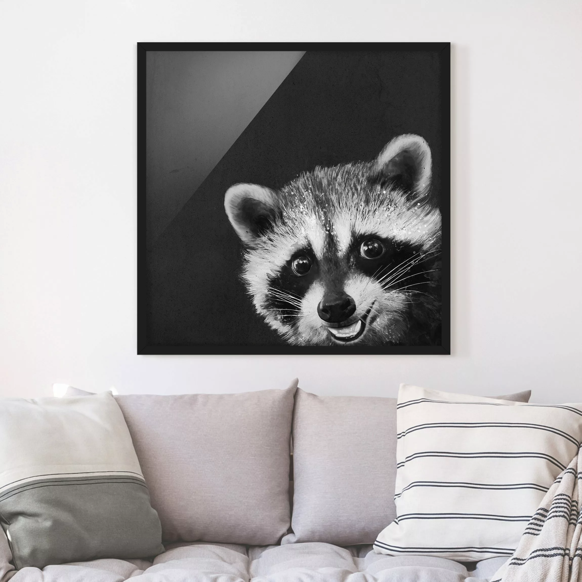Bild mit Rahmen Tiere - Quadrat Illustration Waschbär Schwarz Weiß Malerei günstig online kaufen
