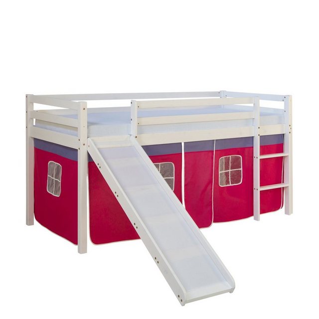 Homestyle4u Hochbett 90x200 cm Kinderbett Weiß Kiefer Spielbett mit Vorhang günstig online kaufen