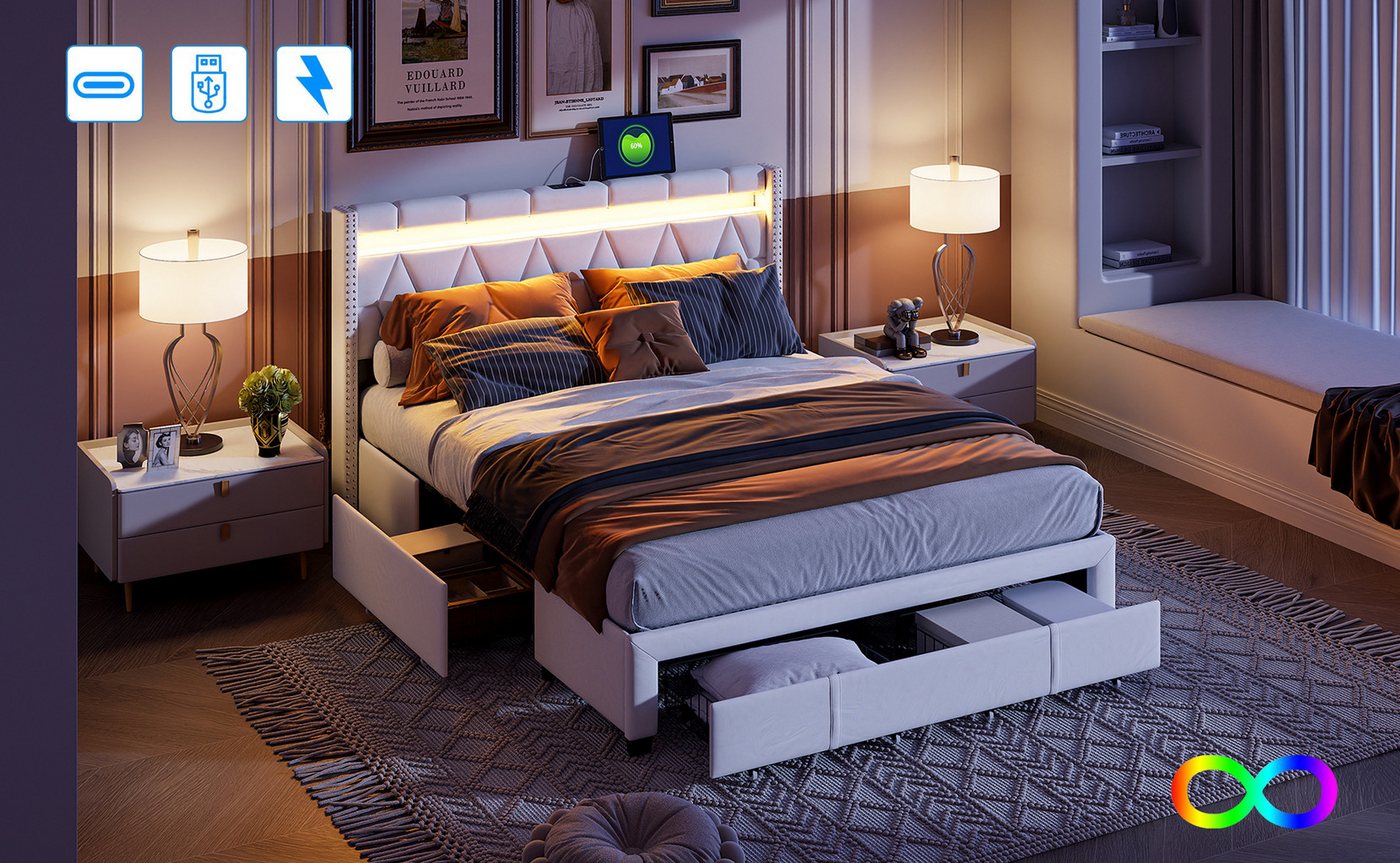 Furnishings Home Stauraumbett Polsterbett LED Doppelbett (1-tlg. Mit LED-Li günstig online kaufen