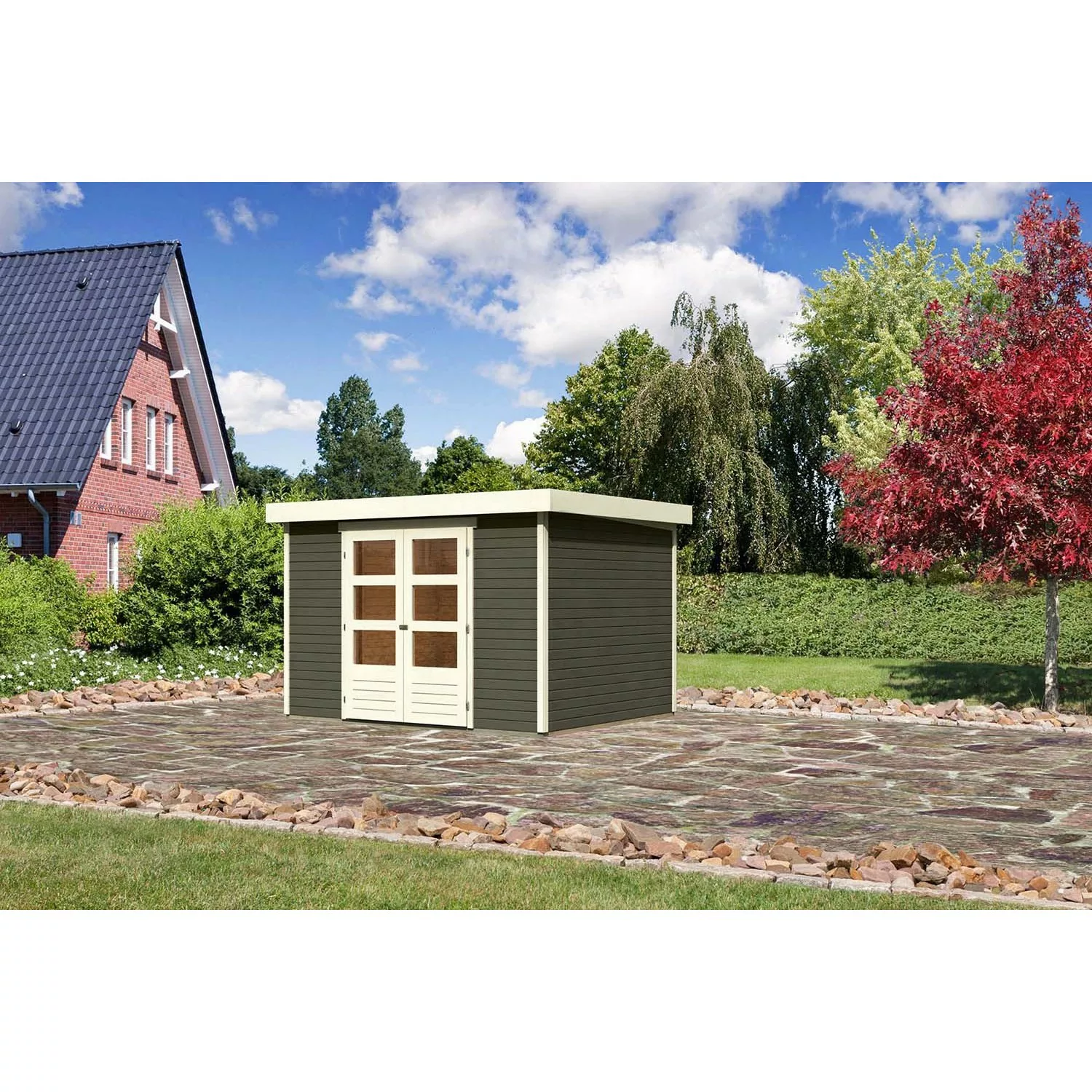 Karibu Holz-Gartenhaus Boras Terragrau Flachdach Lackiert 298 cm x 242 cm günstig online kaufen