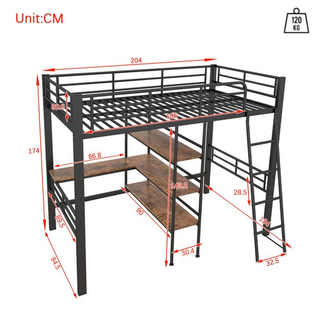 Flieks Hochbett Metallbett Kinderbett 90x200cm mit Schreibtisch Regale Gelä günstig online kaufen