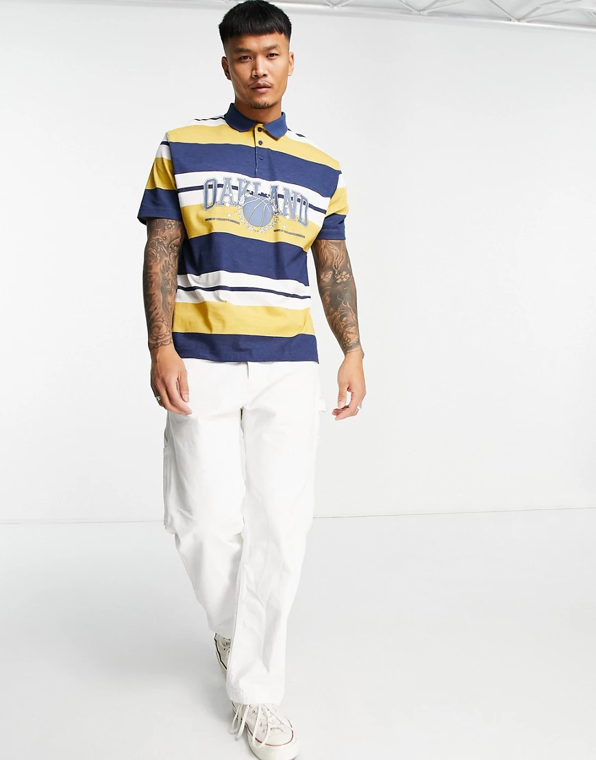 ASOS DESIGN – Locker geschnittenes Poloshirt in Gelb & Blau gestreift mit P günstig online kaufen