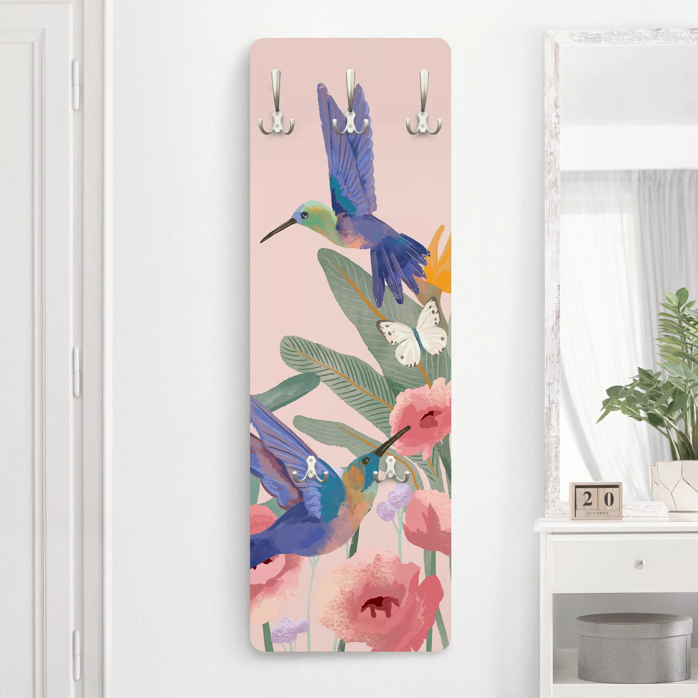 Wandgarderobe Kolibris und rosa Blüten günstig online kaufen