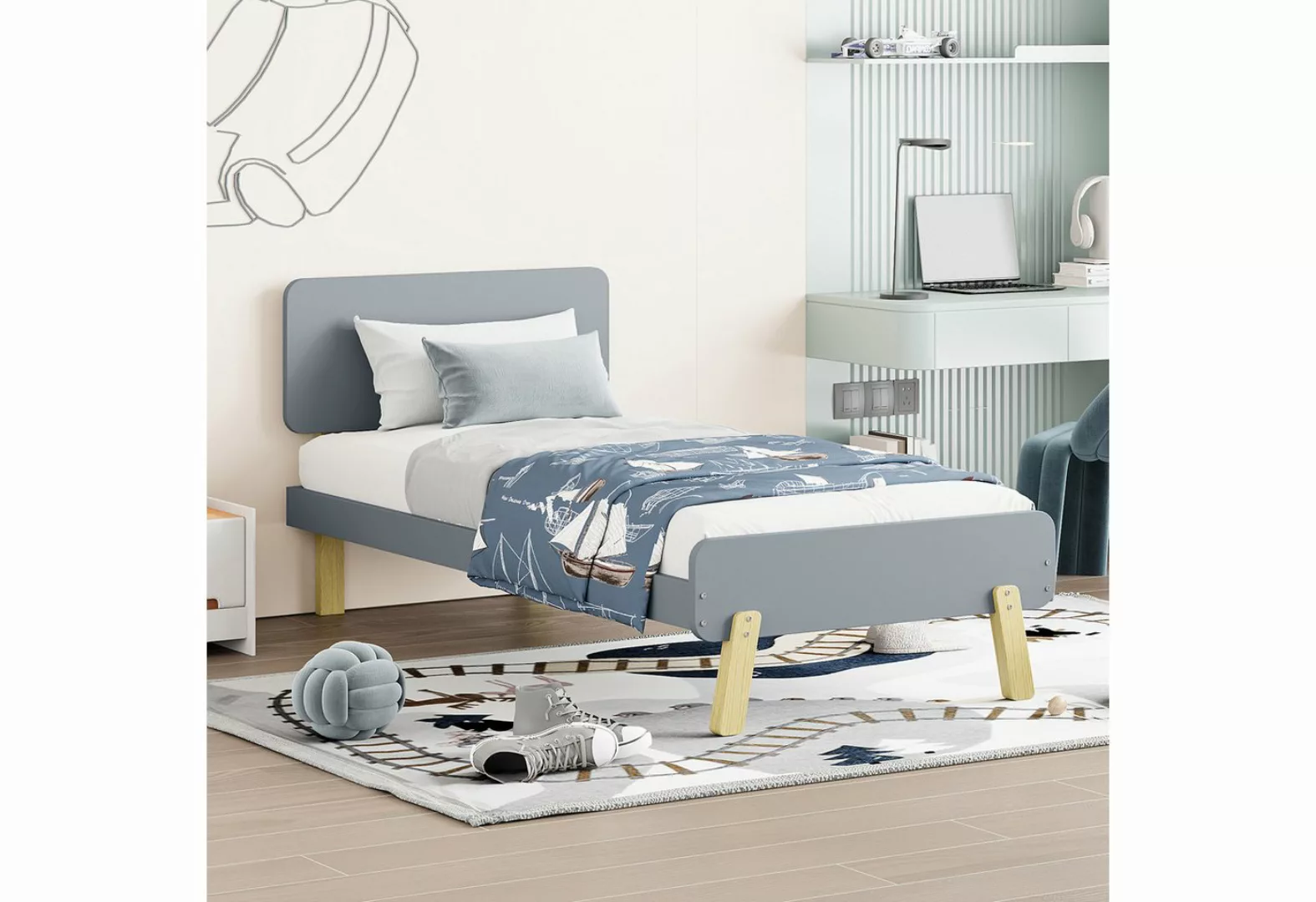 PFCTART Kinderbett 90 x 190 – Einzelbett aus Massivholz mit Lattenrost, Gra günstig online kaufen