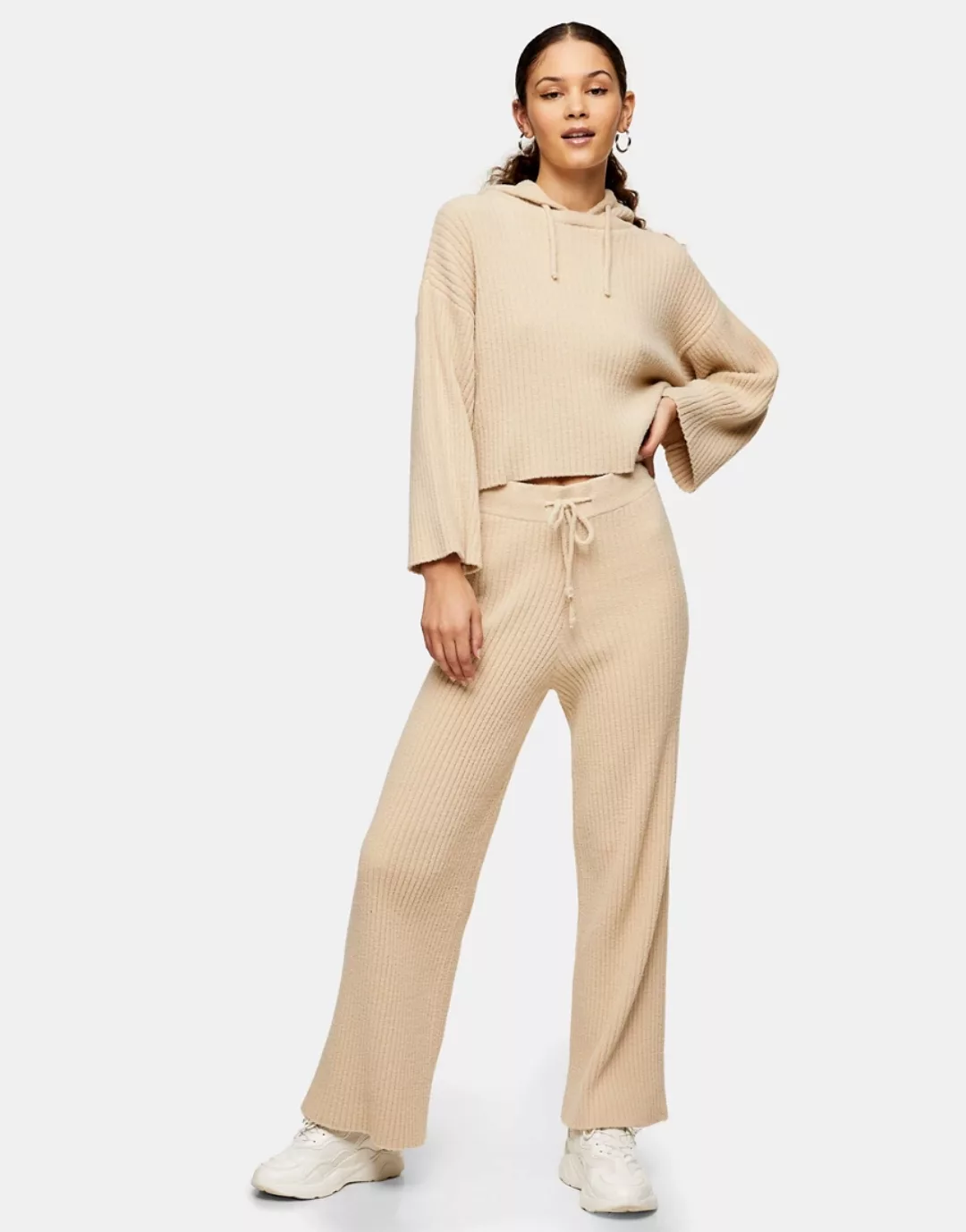 Topshop – Weiche, gerippte Hose mit weitem Bein in Beige-Braun günstig online kaufen