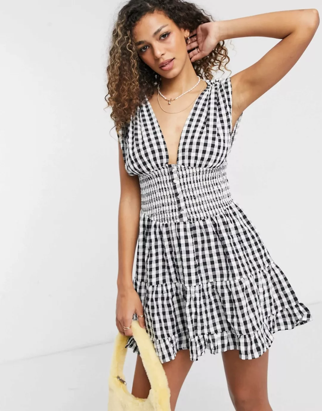 ASOS DESIGN – Durchgeknöpftes Mini-Sommerkleid mit Vichy-Karos und elastisc günstig online kaufen
