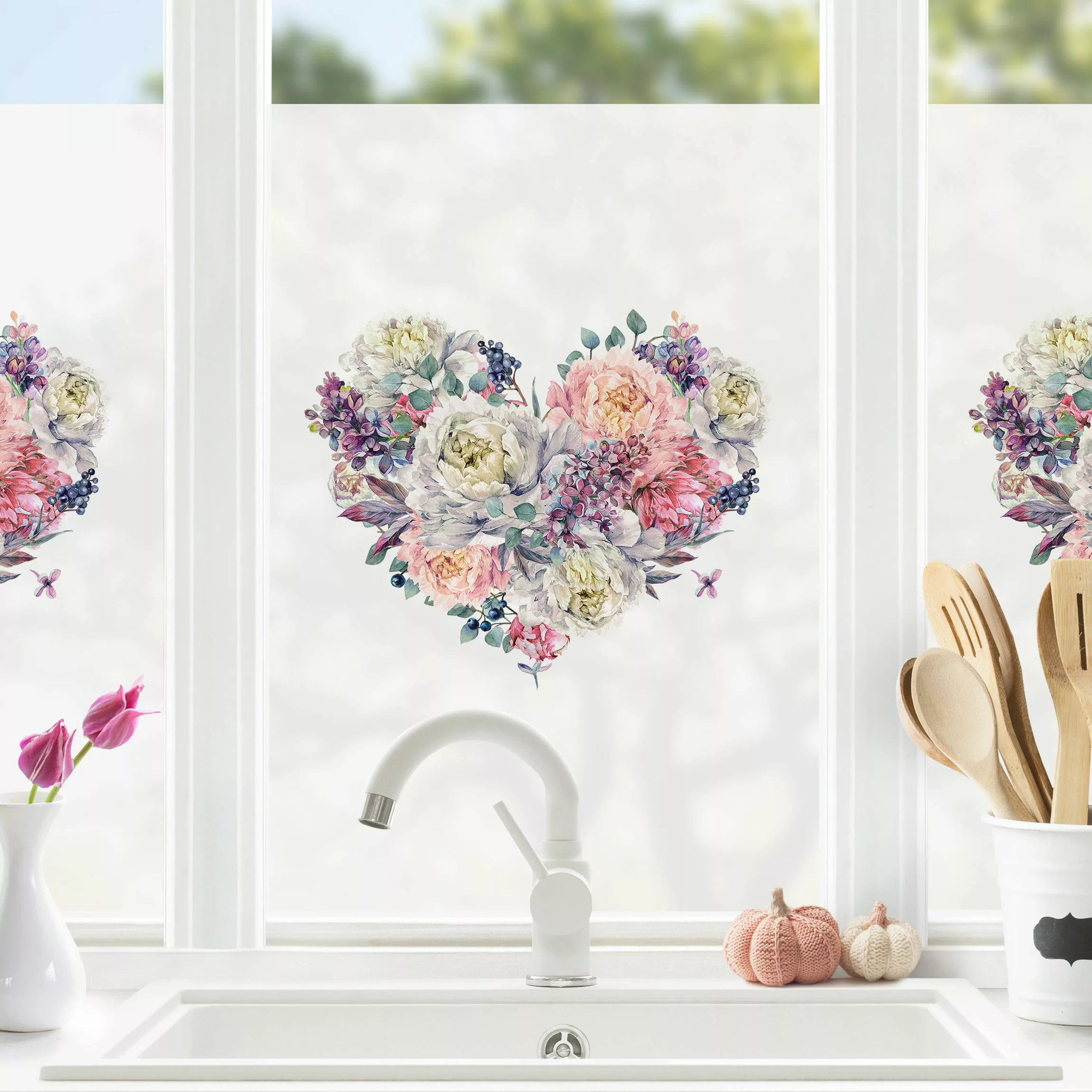 Fensterfolie Aquarell Herz Blüten Bouquet günstig online kaufen