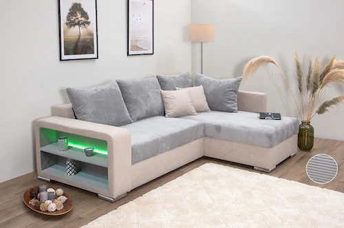 COLLECTION AB Ecksofa L-Form, Regalarmlehne mit LED RGB Beleuchtung,Bettfun günstig online kaufen