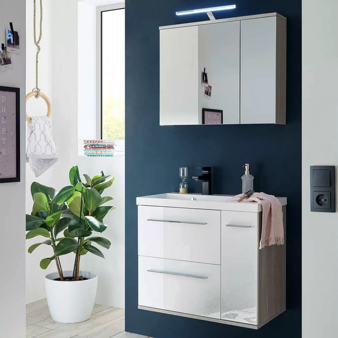 Waschplatz Set mit Spiegelschrank Weiß & Eichefarben (zweiteilig) günstig online kaufen