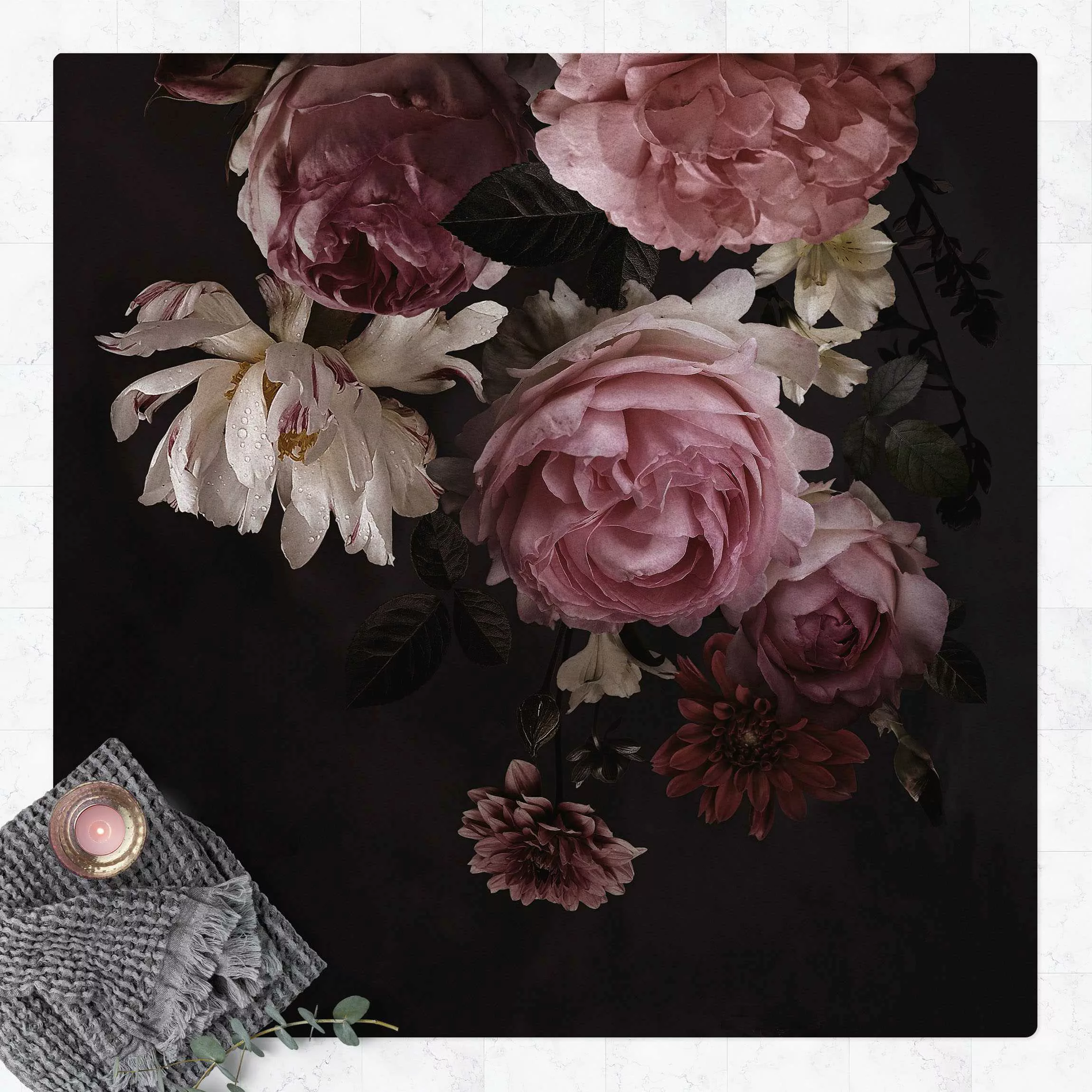 Kork-Teppich Rosa Blumen auf Schwarz Vintage günstig online kaufen