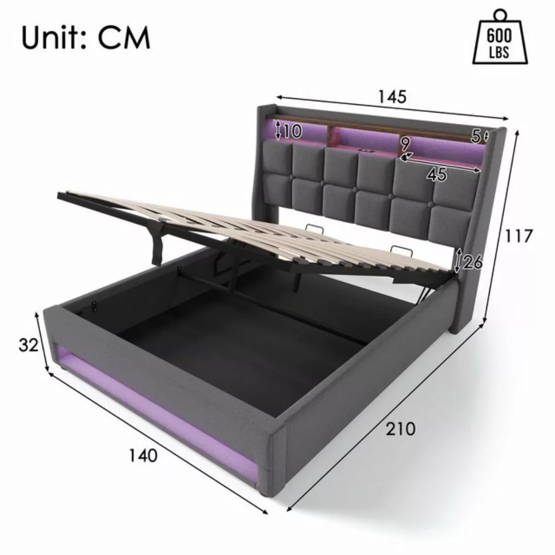 Nebelmeer Bettgestell Polsterbett mit USB,LED Doppelbett mit Lattenrost aus günstig online kaufen