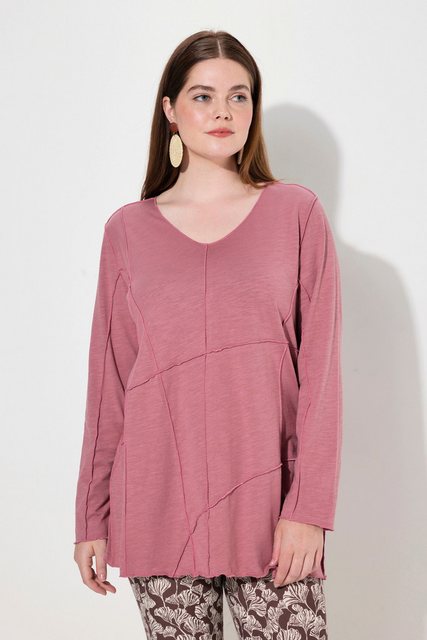 Ulla Popken Longsleeve Shirt Ziernähte V-Ausschnitt 3/4-Arm Biobaumwolle günstig online kaufen