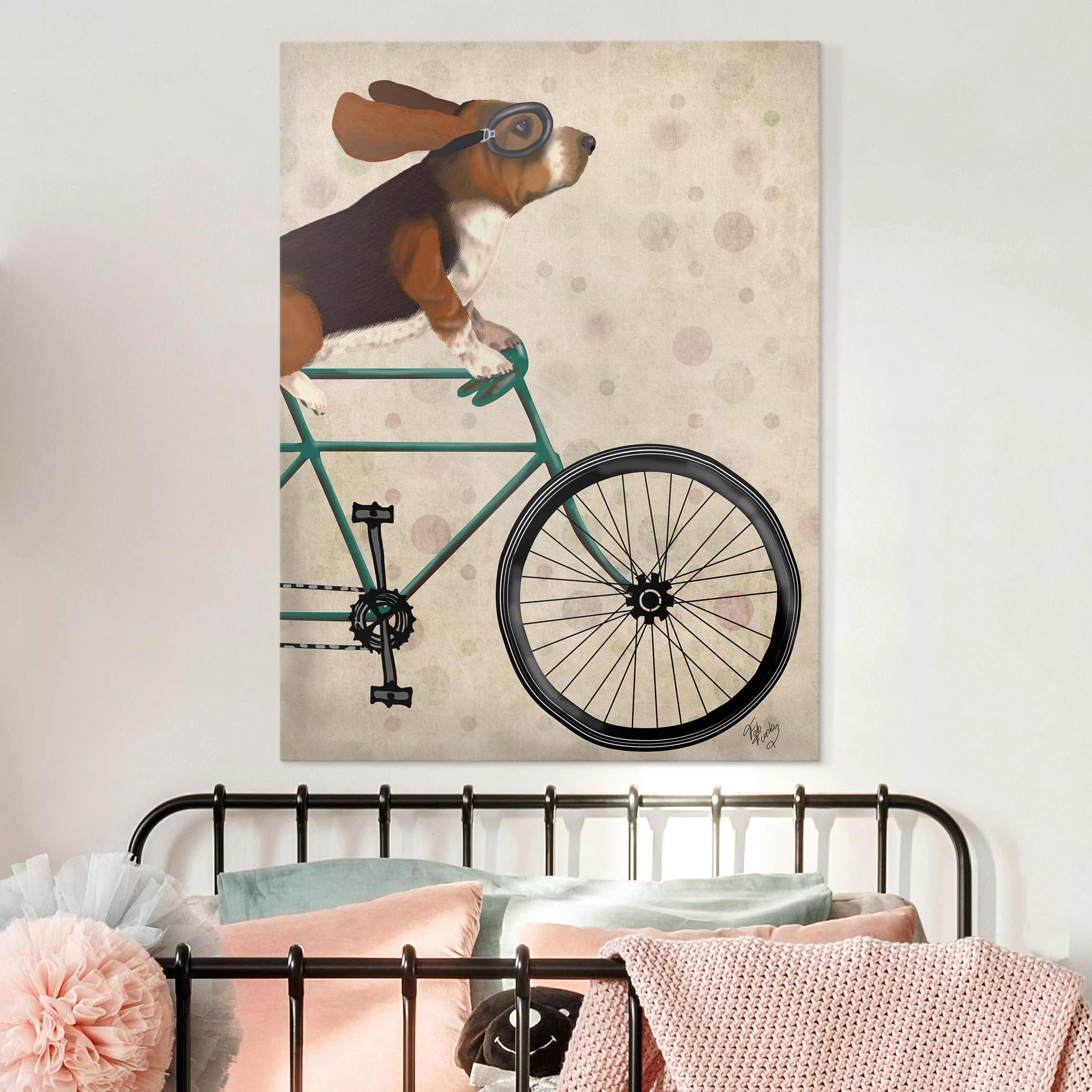 Leinwandbild Kinderzimmer - Hochformat Radtour - Basset auf Fahrrad günstig online kaufen
