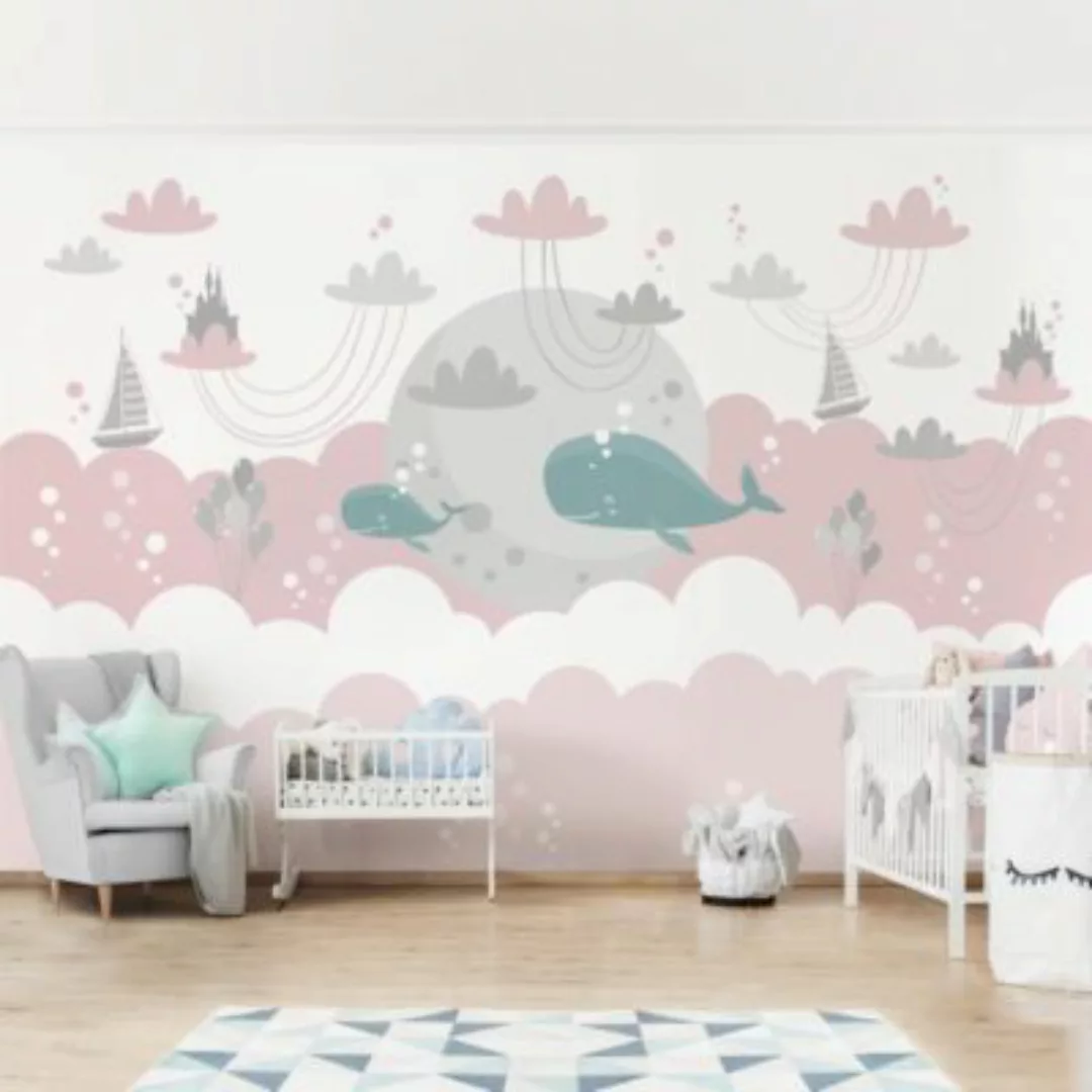 Bilderwelten Fototapete Wolken mit Wal und Schloss Rosa weiß Gr. 384 x 255 günstig online kaufen