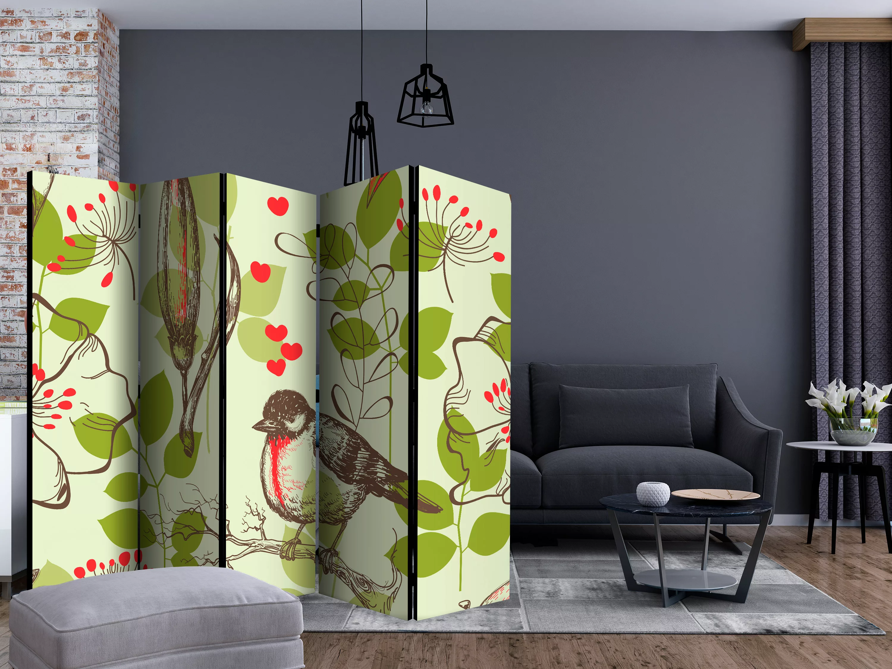 5-teiliges Paravent - Bird And Lilies Vintage Pattern Ii [room Dividers] günstig online kaufen