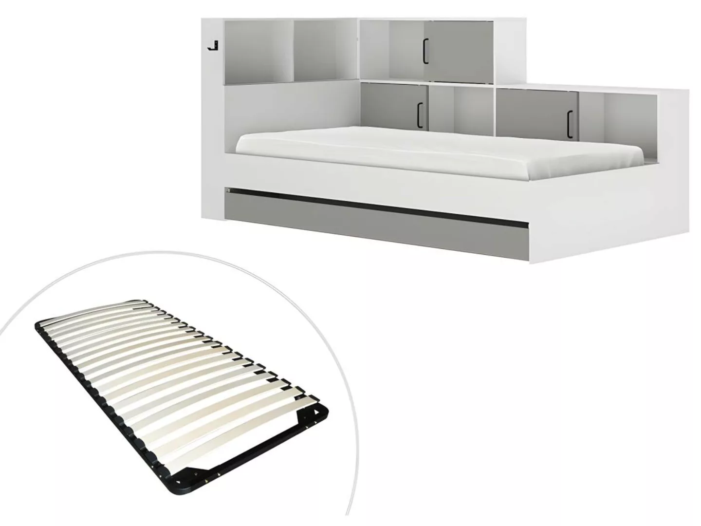 Bett mit Stauraum & Schublade + Lattenrost - 90 x 200 cm - Weiß & Grau - AR günstig online kaufen