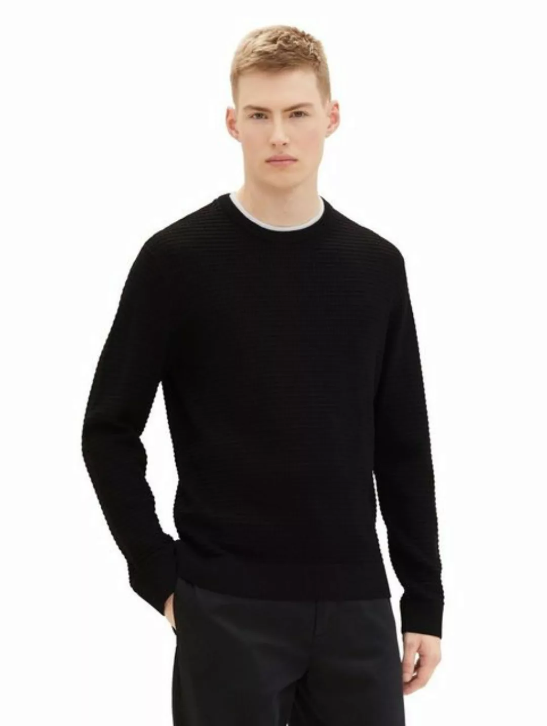 Tom Tailor Denim Herren Rundhals Pullover STRUCTURED DOUBLELAYER - Regular günstig online kaufen