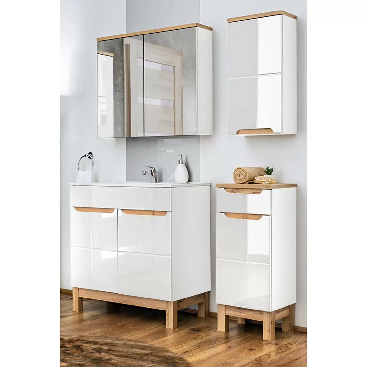 Badezimmer Möbel Set 4-teilig 60 cm inkl. Keramik Waschbecken SOLNA-56 Hoch günstig online kaufen