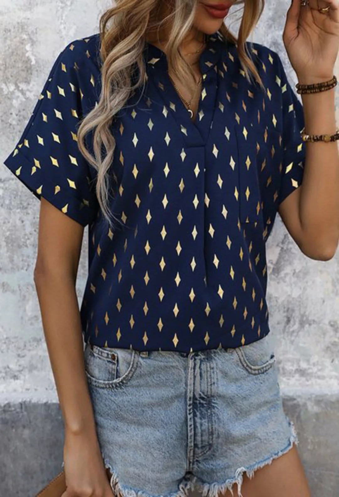 CHENIN Kurzarmhemd Rhombus Bügeln Shirt Frauen Sommer casual Shirt V-Aussch günstig online kaufen