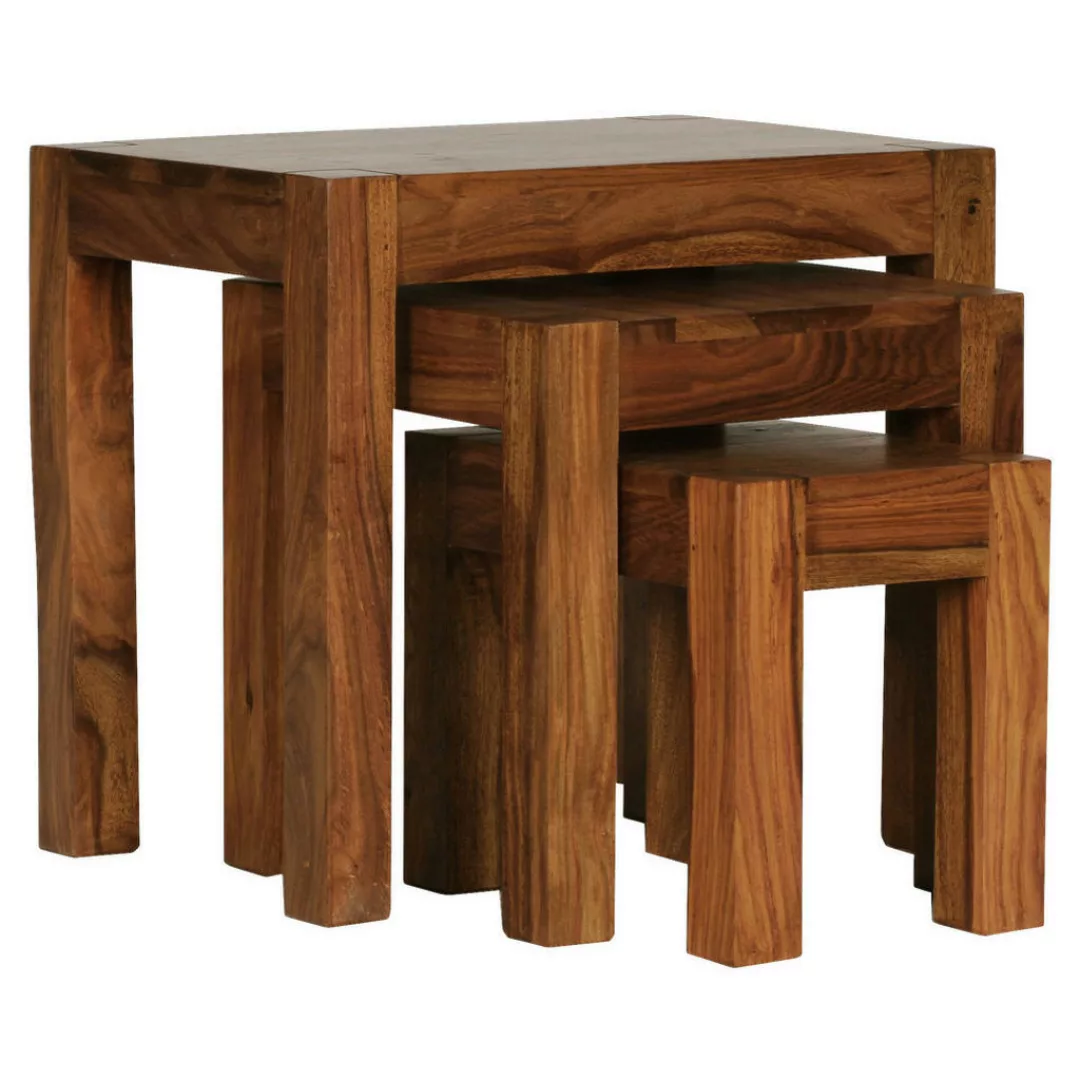 3er Set Satztisch Massiv-Holz Sheesham Wohnzimmer-Tisch Landhaus-Stil Beist günstig online kaufen