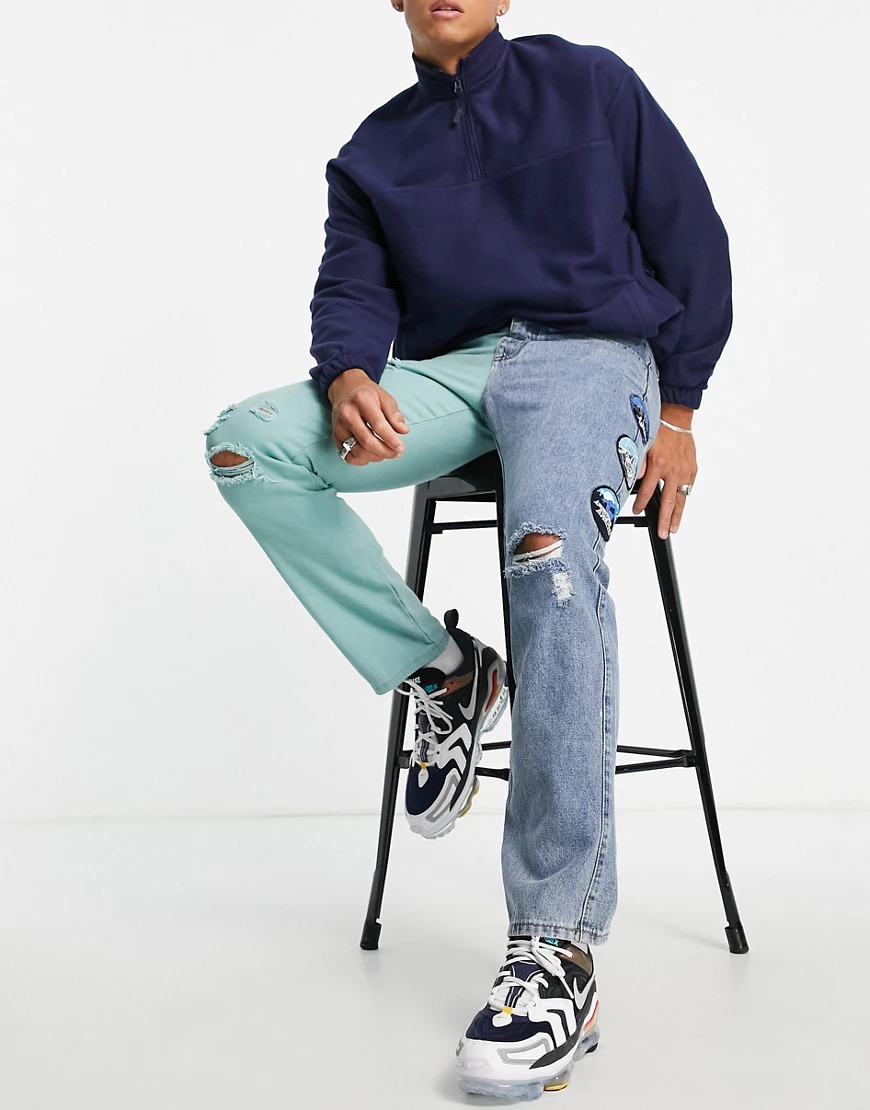 Liquor N Poker – Jeans mit geradem Schnitt in Blau und Grün mit Aufnähern a günstig online kaufen