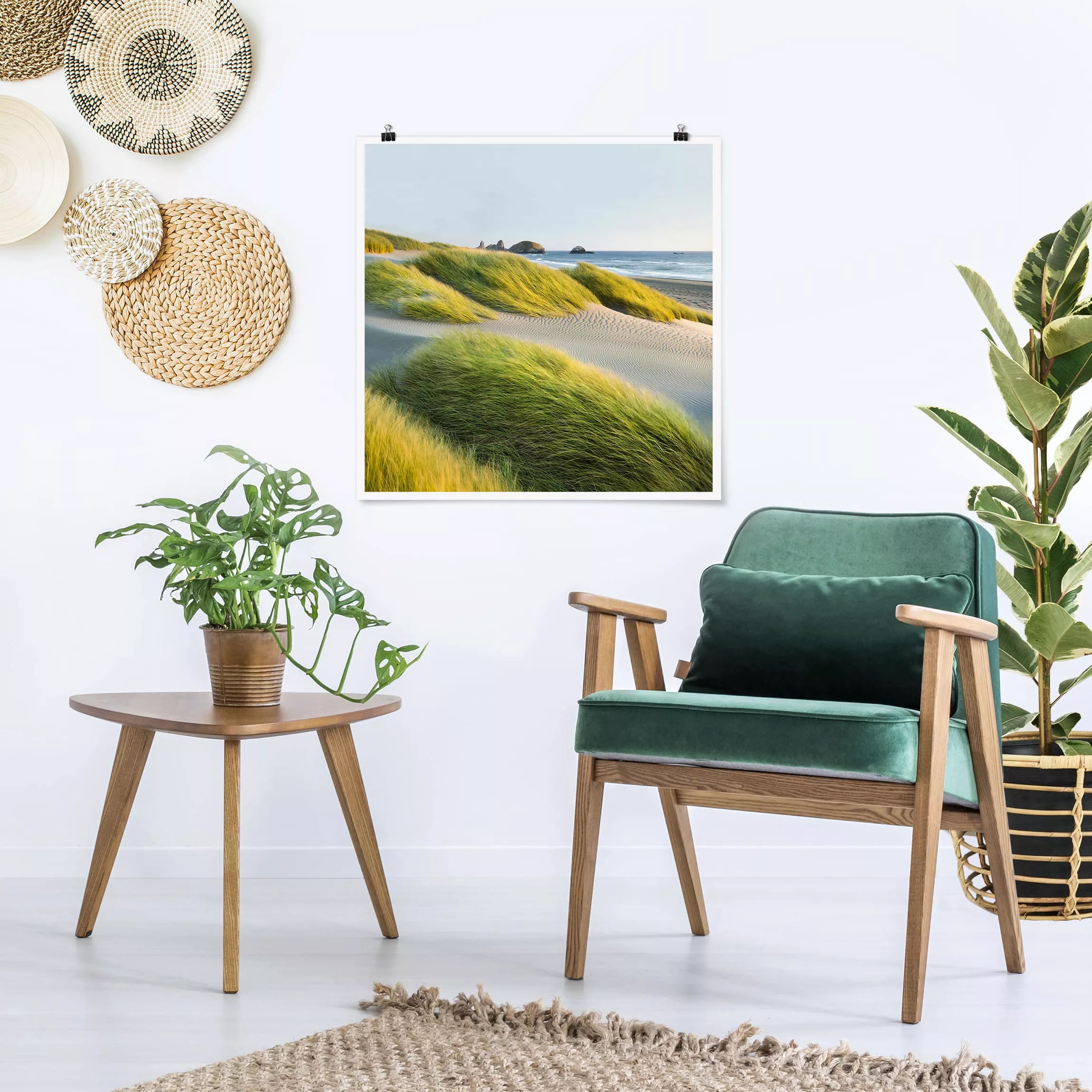 Poster Strand - Quadrat Dünen und Gräser am Meer günstig online kaufen