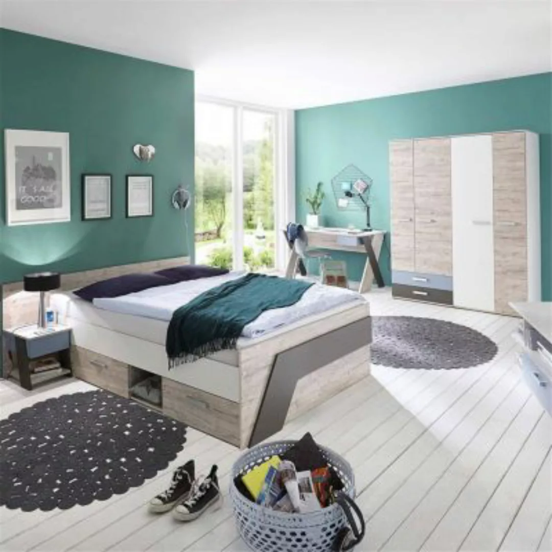 Lomadox Jugendzimmer Set mit Bett 140x200 cm und Schreibtisch 4-teilig LEED günstig online kaufen