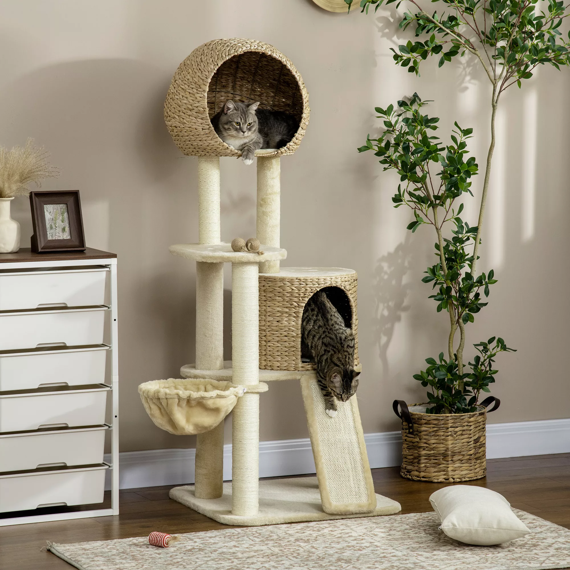 PawHut Kratzbaum katze Mit Katzenhaus aus Rattan, mehrere Plattformen, Häng günstig online kaufen