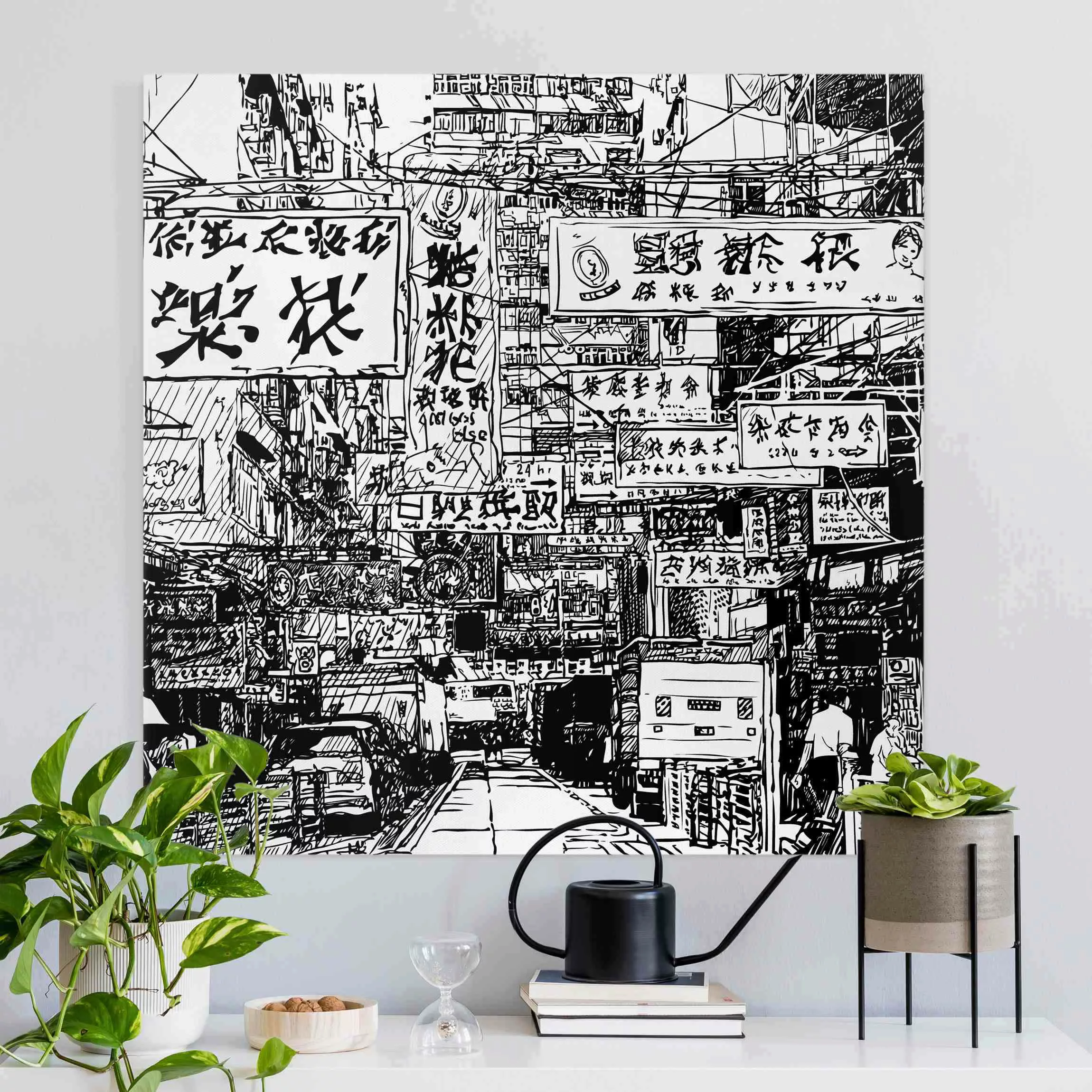 Leinwandbild Schwarzweiße Zeichnung Asiatische Straße günstig online kaufen