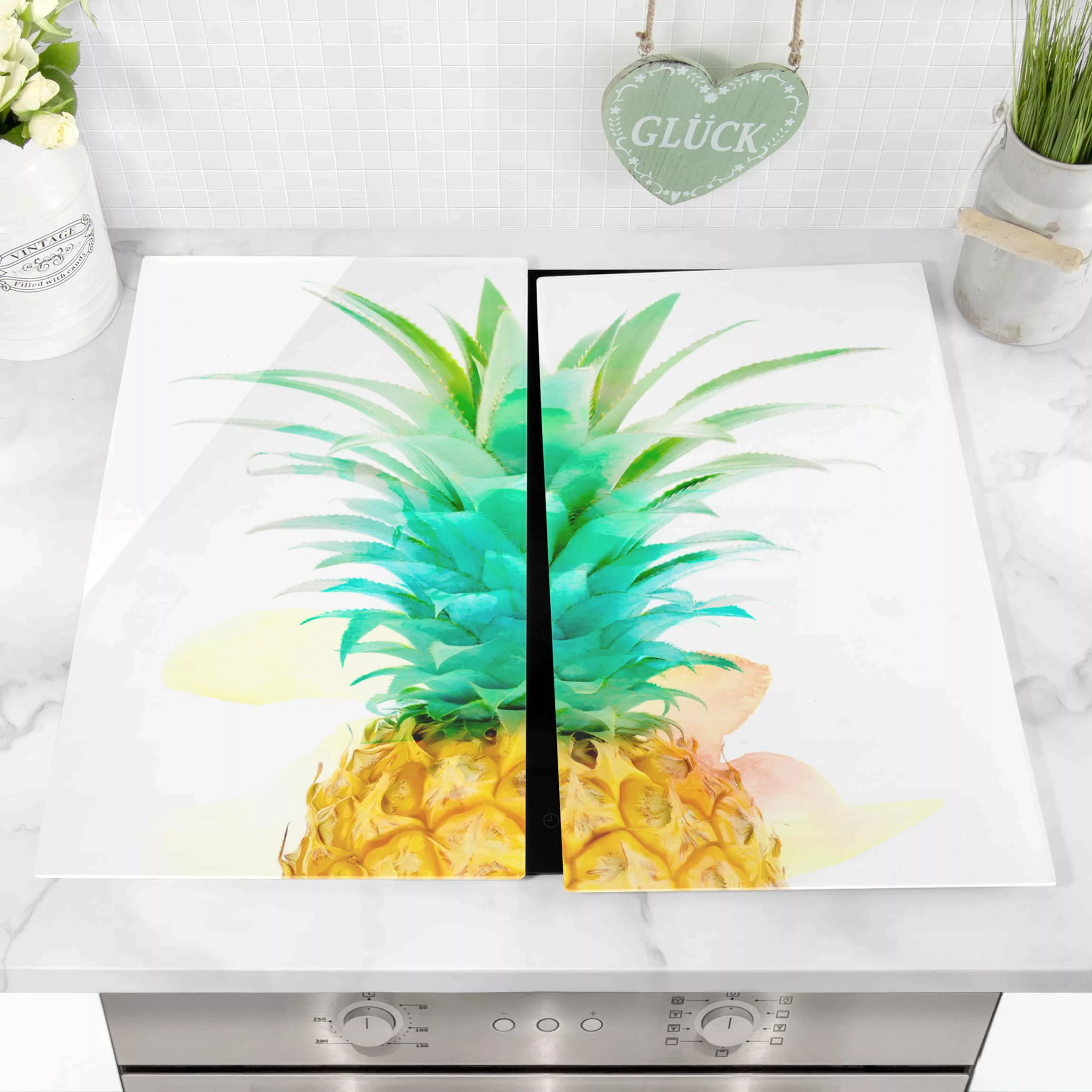 2-teilige Herdabdeckplatte Glas Kulinarisch Ananas Aquarell günstig online kaufen