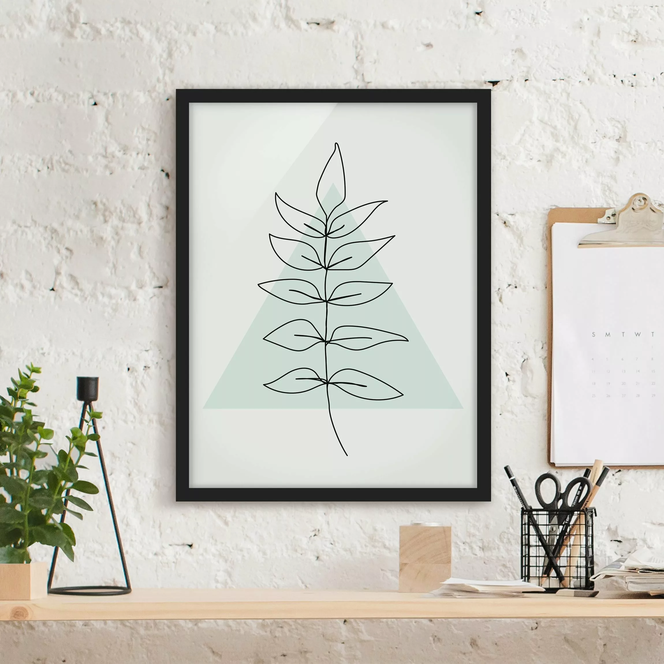 Bild mit Rahmen Blumen - Hochformat Zweig Geometrie Dreieck Line Art günstig online kaufen