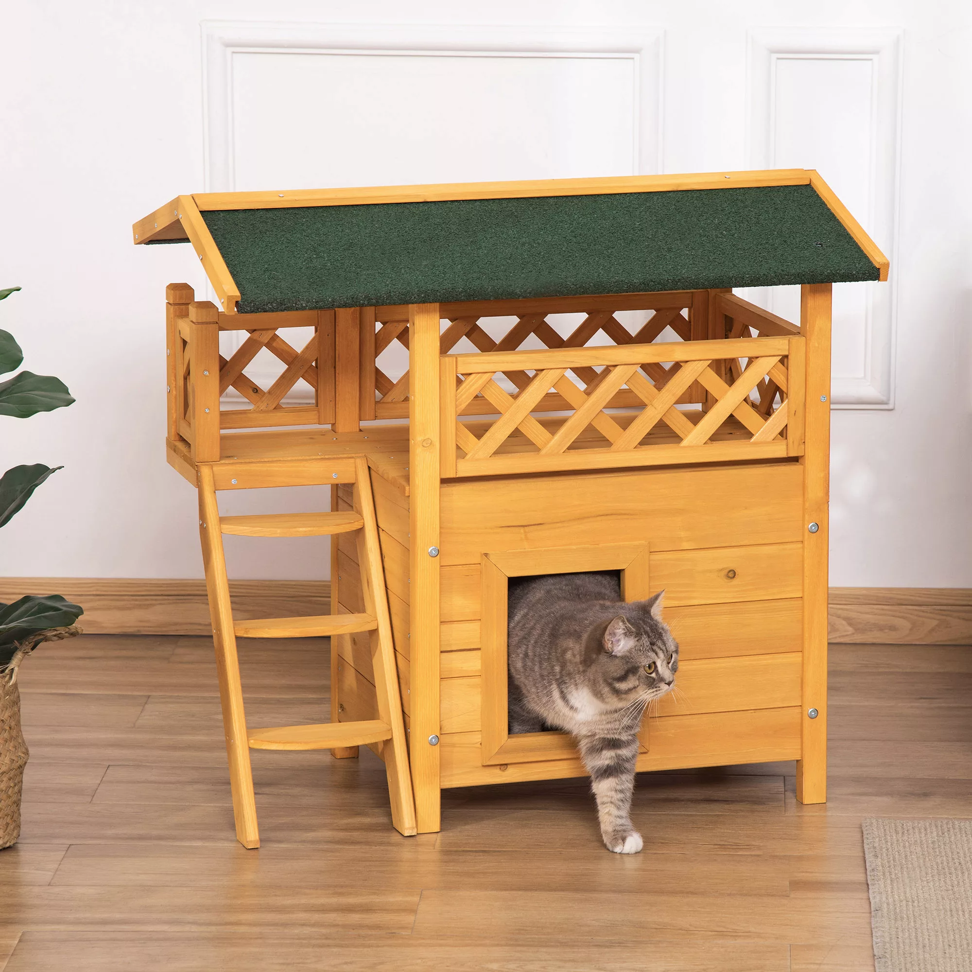 PawHut Katzenhaus Tannenholz Kleintierhaus für Katzen mit Terrasse und Trep günstig online kaufen