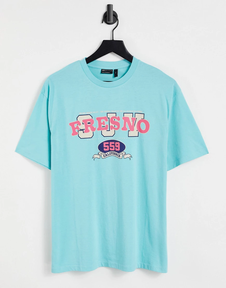 ASOS DESIGN – Locker geschnittenes T-Shirt in Türkis mit Textprint-Blau günstig online kaufen