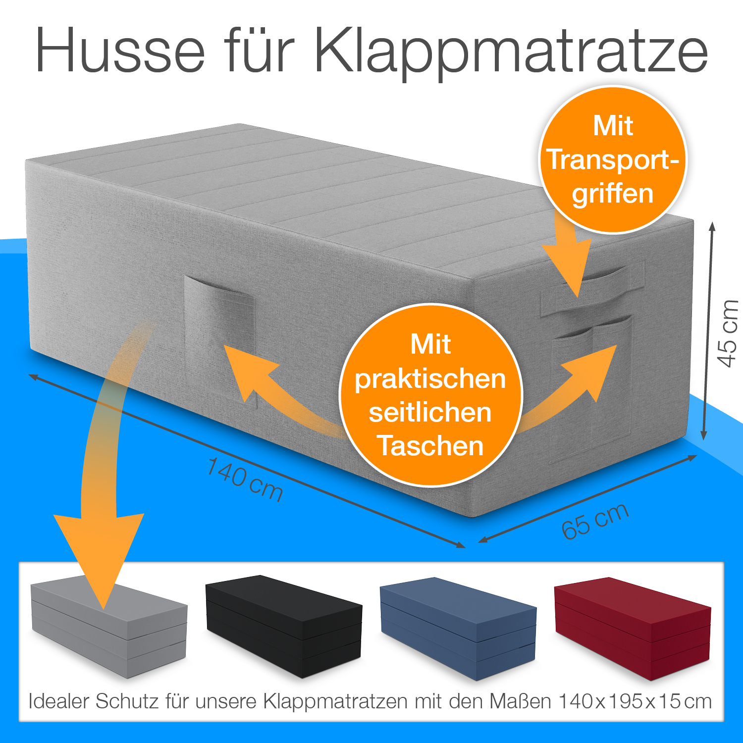 Husse für Klappmatratze Gästematratze 140x195x15, grau günstig online kaufen