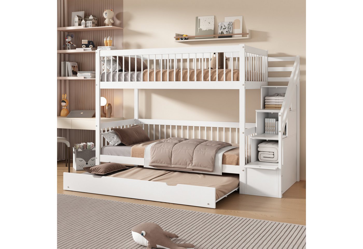 MODFU Etagenbett mit Rollbett, Kinderbett mit Leiterschrank und Handlauf (m günstig online kaufen