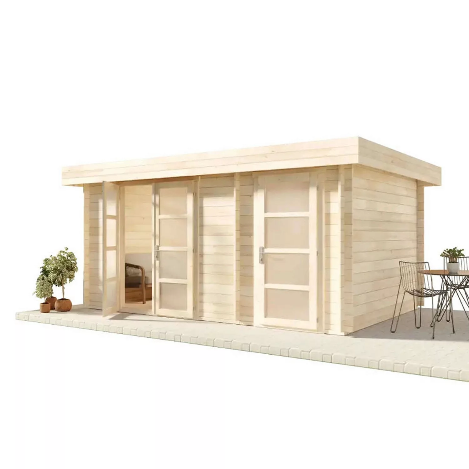 Alpholz Holz-Gartenhaus Modern-E Flachdach Unbehandelt 422 cm x 359 cm günstig online kaufen
