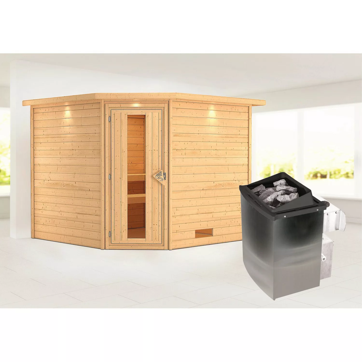 Karibu Sauna »"Leona" mit Kranz und graphitfarbener Tür Ofen 9 kW integr. S günstig online kaufen