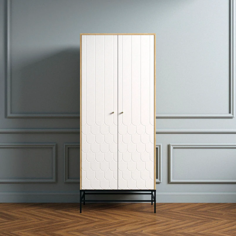 andas Drehtürenschrank, Fräsungen in den Fronten, goldene Griffe günstig online kaufen
