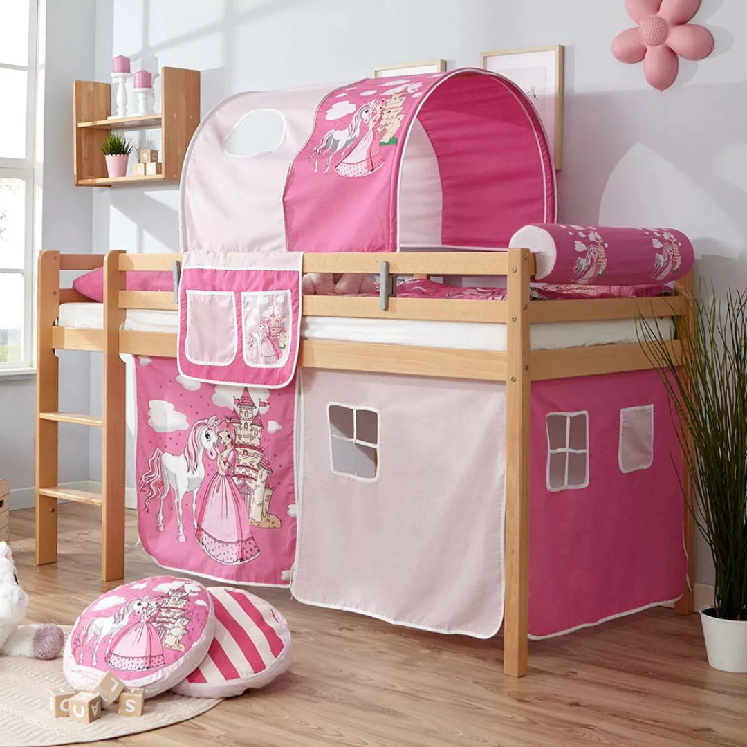 Prinzessinnen Bett aus Buche Massivholz Webstoff in Rosa und Pink günstig online kaufen