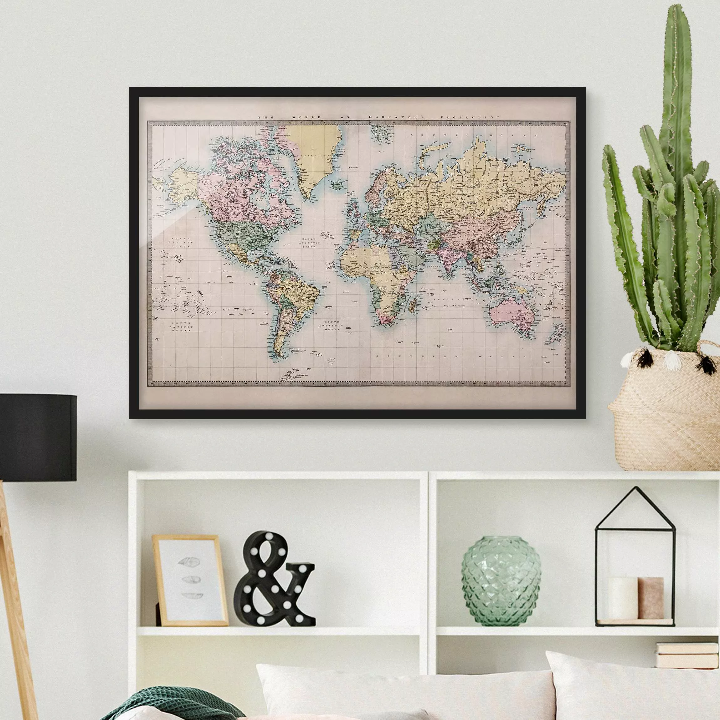 Bild mit Rahmen Stadt-, Land- & Weltkarte - Querformat Vintage Weltkarte um günstig online kaufen