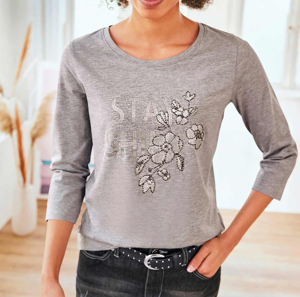 heine Print-Shirt LINEA TESINI Damen Designer-Shirt m. Zierperlen, steingra günstig online kaufen