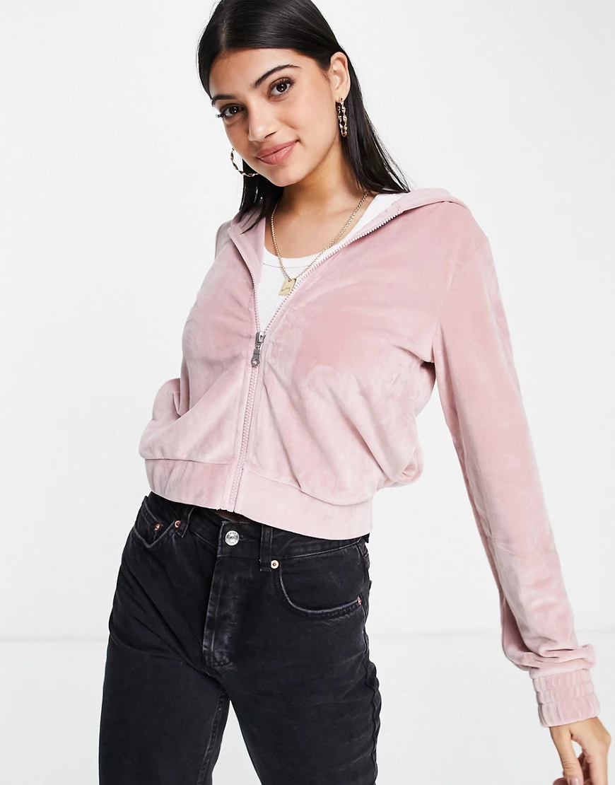New Look – Rosa Kapuzenjacke aus Velours mit Reißverschluss, Kombiteil günstig online kaufen
