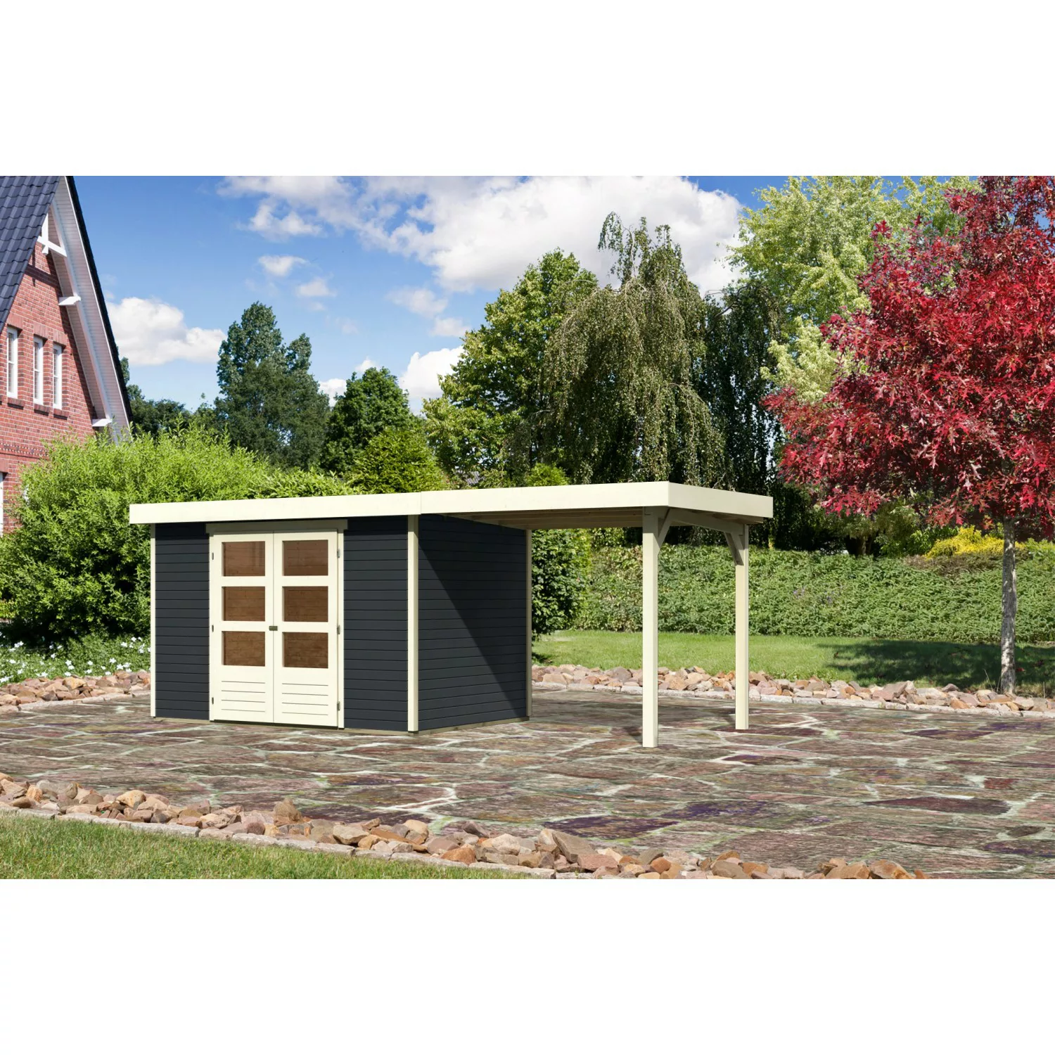 Karibu Gartenhaus Boras 4 Anthrazit 522 cm x 217 cm mit Anbaudach günstig online kaufen