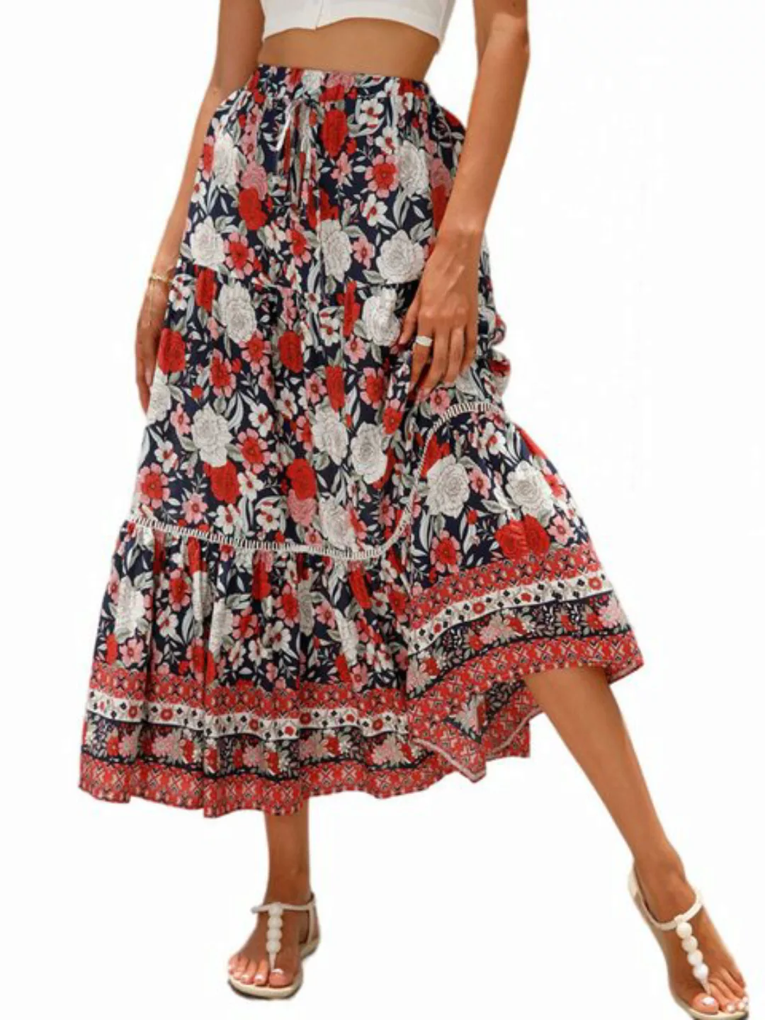 B.X Sommerrock Damen Bohemian-Stil A-Linien-Rock lässiges hohe Taille Maxir günstig online kaufen